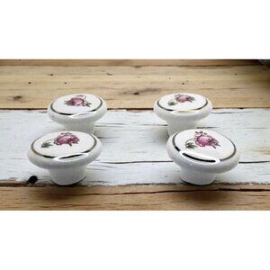 vintage set of 4 porcelain rose design round cabinet hardware door/drawer pulls.